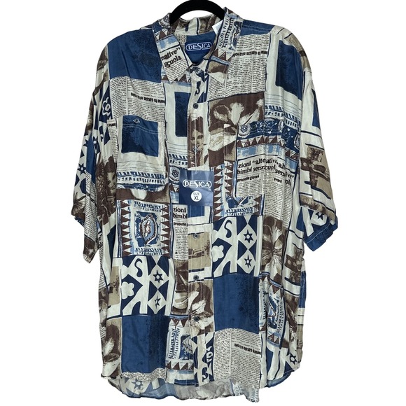 DESICA VTG 100% Silk Button Up Shirt‎ Newsprint Print Short Sleeve Men's XL - Picture 1 of 8